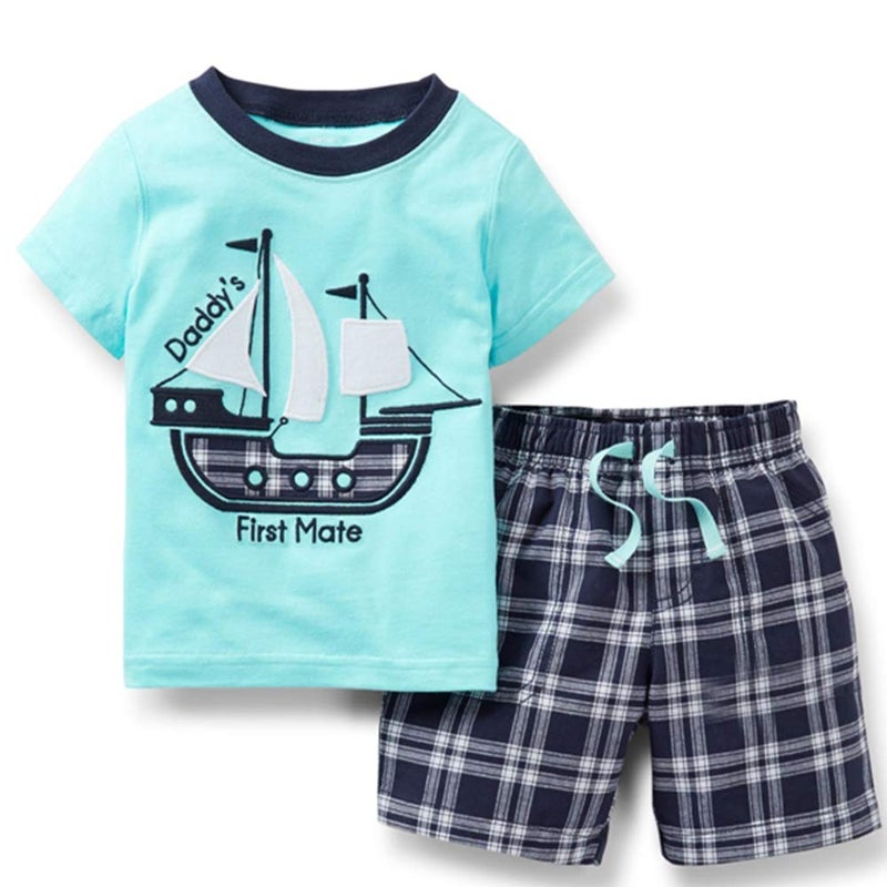 Bumeex Toddler Boy Cotton Blue Sailboat Short Sleeve Tee and Shorts Clothes Outfit Set 5t